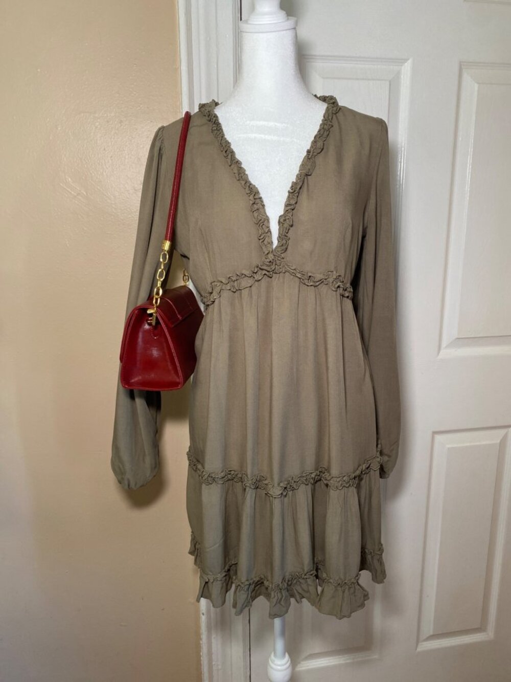 Forever 21 Olive Ruffle Tiered Long-Sleeve Boho Dress Size Large